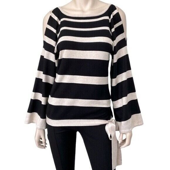 Boston Proper Size L Black Cream Cold Shoulder Stripe Trumpet Sleeve Tie Sweater - Picture 1 of 7